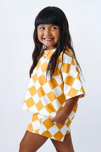 Motebarn Wear Girl's New Season Checked Cotton Top and Bottom Suit Yellow