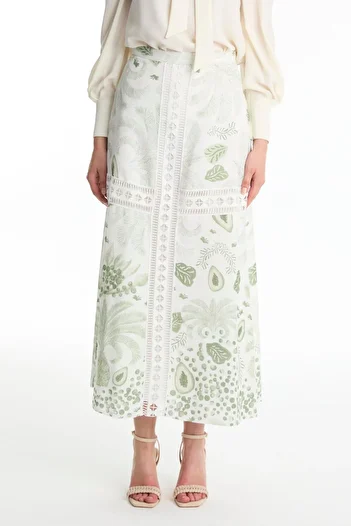 Zühre Stripe Detailed Patterned Green Skirt Etk-0187