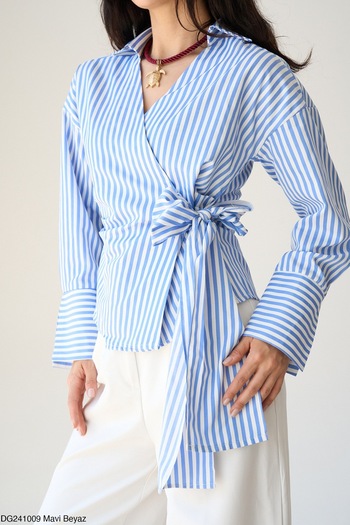 Osyday Women's Striped Satin Fabric Shirt Wide Cuff Tie-Up – Stylish and Modern New Season Design Qu Style