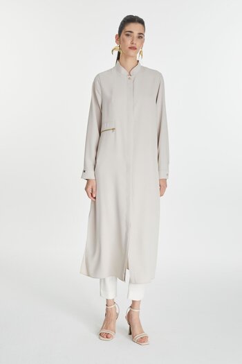 Zühre Judge Collar Zipper Detailed Long Beige Tunic T-1579