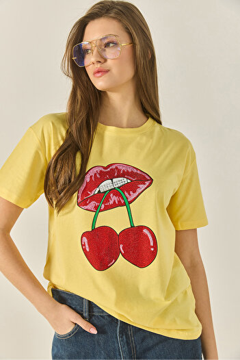 Bianco Lucci Γυναικείο T-Shirt Cherry Lips με στάμπα πέτρα με λεπτομέρεια κανονική εφαρμογή 4137 60283298