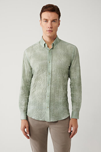 Avva Men's Green Bottom Britli Collar Cotton Gofreli Shirt A41Y2157