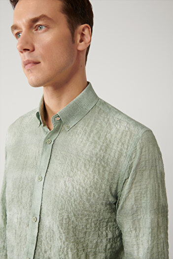 Avva Men's Green Bottom Britli Collar Cotton Gofreli Shirt A41Y2157
