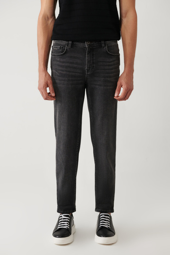 Avva Men's Gray Stone Washed Flexible Jean Trousers B 003526