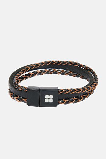 Avva Men's Brown Leather and Jewelled 2-Piece Bracelet A32y9632