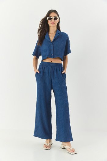 Bianco Lucci Women Seersucker Crop Jacket Elastic Waist High Waist Pants Suit Bottom-Top Suit 9313 60281043
