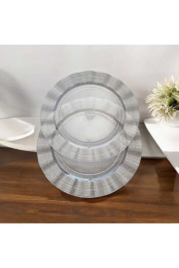 Evinizin Yardımcısı SUNUM & Pasta Malzemeleri & Parti mazeler & Sunum Şeffaf Gümüş Simli Plastik Tabak 19cm 6 Adet