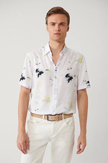 Avva Men's White 100% Viscose Bottom Britli Collar Printed Viscose Short Sleeve Shirt A41Y2180