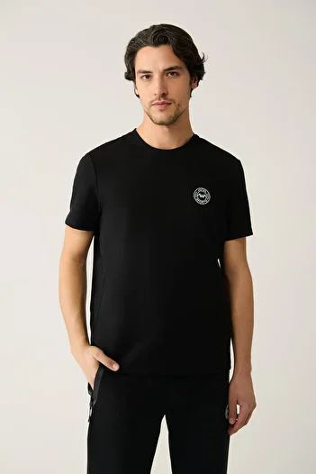 Avva Men's Black Crew Neck Jersey Fabric Garnished T-Shirt A41Y1114