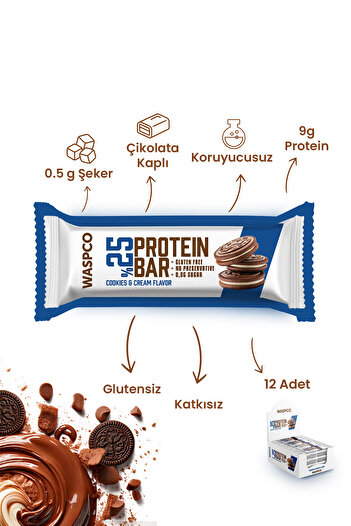 Waspco Bitter Çikolata Kaplı Bisküvi Aromalı Protein Bar 36g x 12 Adet