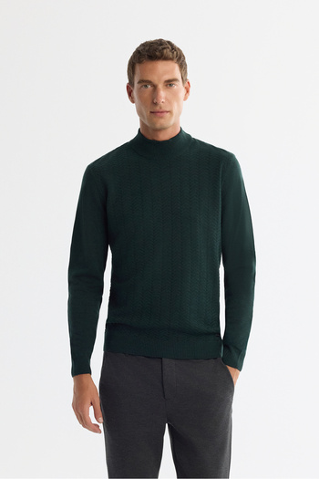 Avva Men's Green Half Turtleneck Textured Knitwear Sweater E 005108