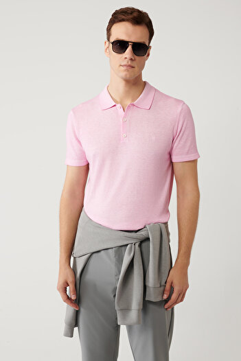 Avva Men's Pink 3-Button Garment Dyed Polo Collar Knitwear T-Shirt A41Y5067