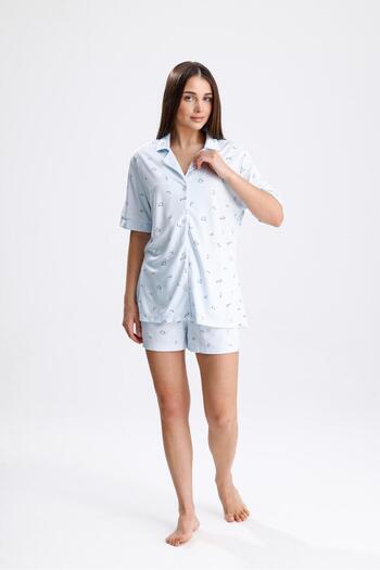 Espuar 768 Set de pantaloni scurți din viscoză din bumbac pieptănat, cu nasturi, cu model de flori pentru femei