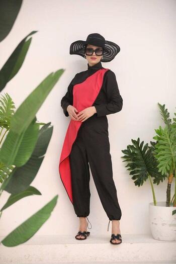 NS Tasarım Tesettür Mayo Fuchsia Ocean Hijab Jumpsuit - Striped Swimsuit