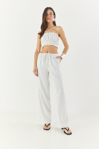 Bianco Lucci Women's Striped Gipe Detailed Crop Top Waist Drawstring Wide Leg Pants Bottom-Top Suit 60283262