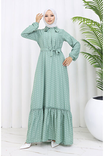 sefamerve Green Patterned Belted Dress - 0383-06