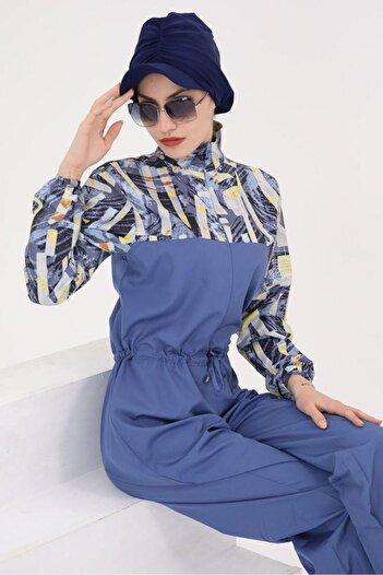 NS Tasarım Tesettür Mayo Dream Melodi Pattern Design Hijab Parachute Fabric Jumpsuit Swimsuit