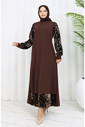 sefamerve Brown Sequined Evening Dress - 0305-03