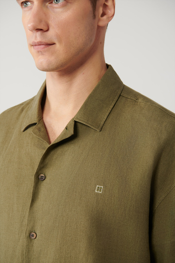 Avva Men's Khaki Apaj Collar 100% Linen Short Sleeve Shirt A41Y2209