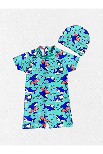 Fil Kids Boys Turquoise Color Surfer Shark Print Short Sleeve Tight Woven Quick Dry Bonnet Swimwear