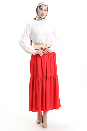sefamerve Burgundy Fabric Skirt with Elastic Waist 0066-02 Red