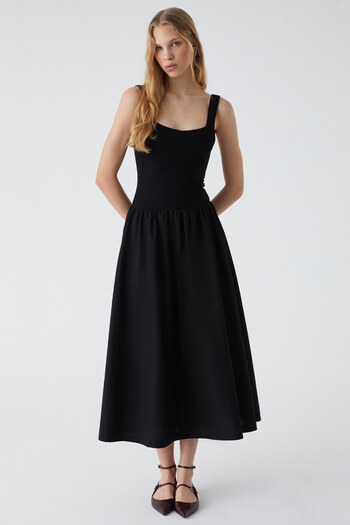 GRIMELANGE Pani Fuego Women's Hanging Neck Skirt Part Woven Poplin Top Flexible Viscose Black Dress