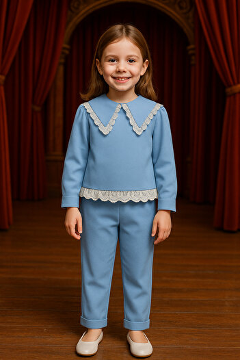Hilal Akıncı Kids Girl's Mobile Collar Blouse Brode Detailed 2-Piece Set