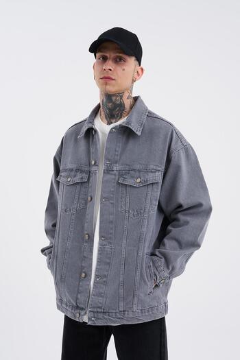 Machinist Oversize Pocket Washed Denim Jacket Effect Gray