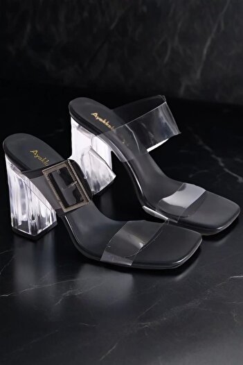 PayBuy Women's Elegant Shoes Black Skin Buckle Transparent Heeled Slippers Special Design Evening Dress Shoes