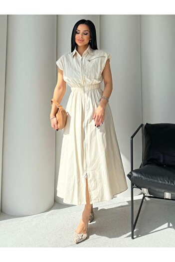 HARMONY GLOBAL Women's Ecru Elastic Waist Zippered Poplin Fabric Midi Length Dress 7272