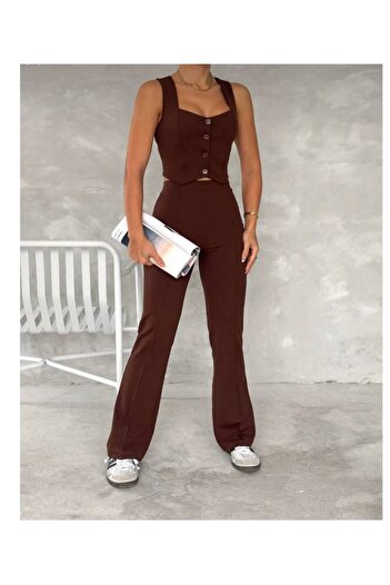 Selital Women's Solid Brown Bottom Top Vest Pants Two Piece Set