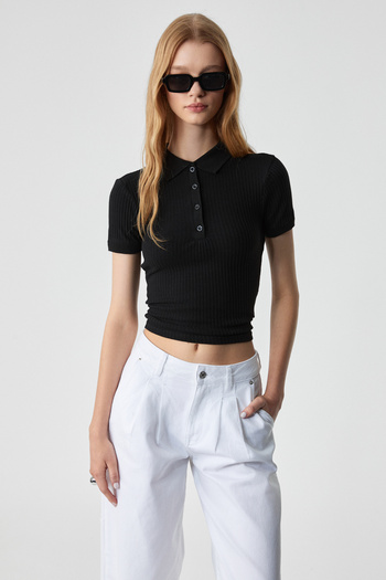 GRIMELANGE Oberwart Women's Slim Shirt Collar Short Sleeve Black Blouse