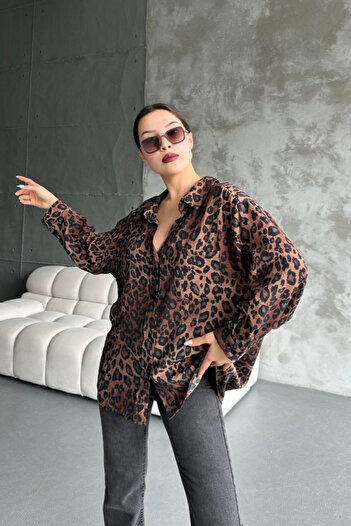 İLKCET MODA Oversize Γυναικείο Πουκάμισο - Λεοπάρ μοτίβο