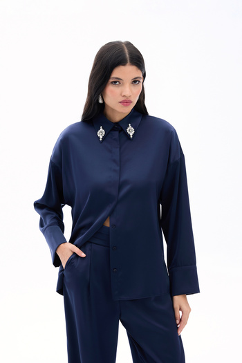 Sateen Accessory Detailed Shirt - Navy Blue