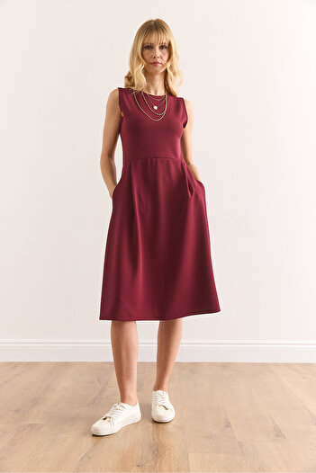 Olalook Women's Plain Claret Red Pocket Flared Dress Elb-19000480