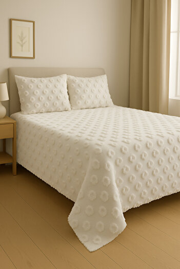 WorthWhile Nora Double Bed Cover Set 240X260 |   Ecru Chenille Fabric, Ring Pattern, Soft Textured