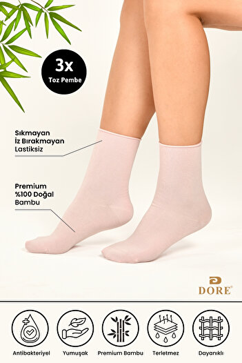 Dore Original Women's 3 Pairs Premium Soft Comfort Model Elasticless & Seamless Bamboo Socket Socks Dusty Pink