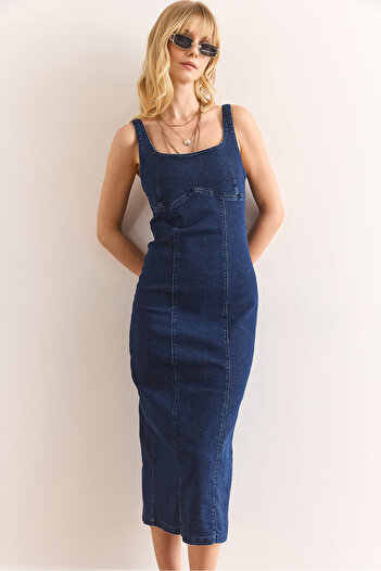 Olalook Rochie de damă, albastru bleumarin, cu cusături, cu fantă, din denim midi ELB-19002405