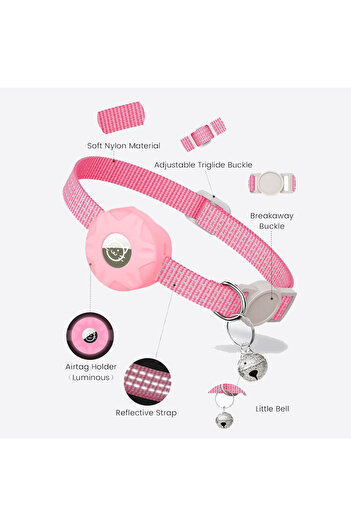 REDz Accessories Cat Collar with Case for Airtag, Reflective, Integrated Bell, Textile, Light Pink