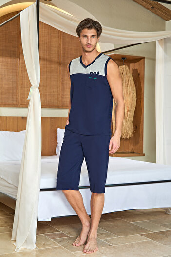 Cossy By Aqua 25920 Men's Navy Blue Sleeveless Men's Cotton Pajama Capri Suit