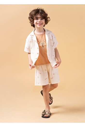 Magu Boy's Cotton Ecru Floral Patterned Shirt, Shorts and T-Shirt 3-Piece Set - Summer Comfortable Combination
