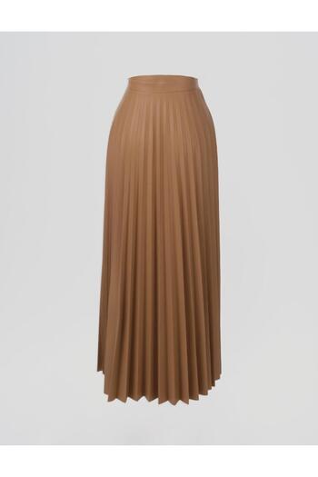 Kayra Zipper Detailed Faux Leather Pleated Skirt Beige