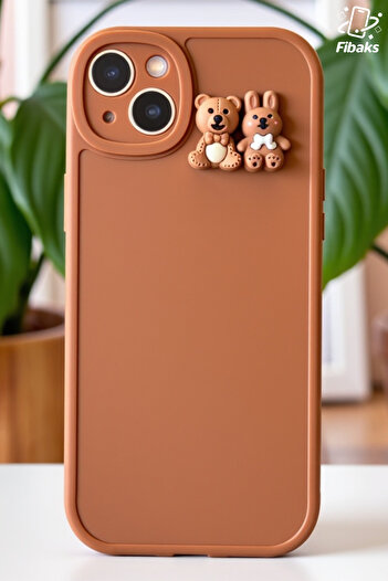 Fibaks iPhone 15 Compatible Case Designed Patterned Camera Protection Teddy Bear and Rabbit Soft Silicone Cover