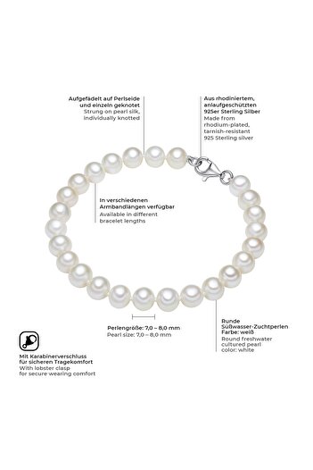 Valero Pearls Perlenarmband Armband Sterling Silber Süßwasser-Zuchtperle weiß