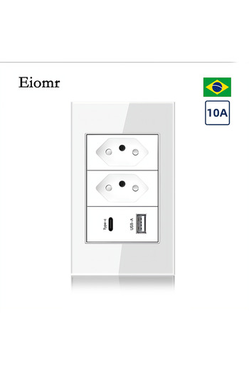 Choice3 10A white Eiomr 10A/20A Brazil Socket with USB Type-C 5V 2100mA, 118mm*75mm Tempered Glass Panel 2 G