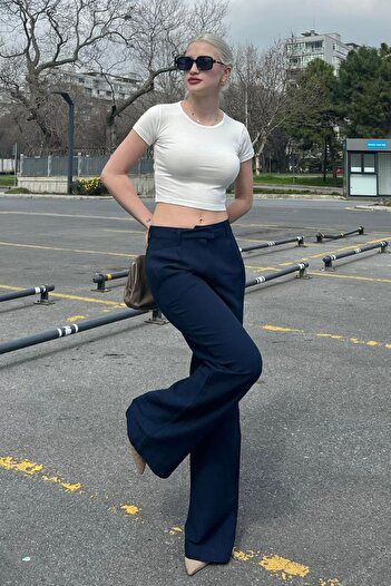 Madmext Navy Blue Belted Wide Leg Trousers MG1992