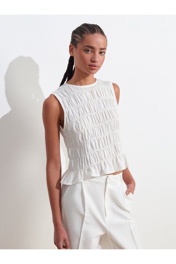 Dilvin 50845 Sleeveless Crop Blouse-Ecru