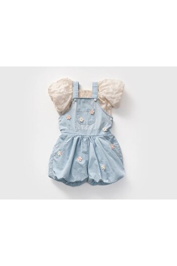 limebabies Noy Noy Blouse with Flower Details and Balloon Sleeves, Salopet Jeans Overalls Decorated with Flowers