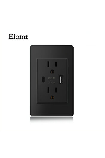 Choice1 black Eiomr US Standard Wall Socket with USB Type-C Charging Port 5V 2.1A, 118mm*75mm Fireproof PC P