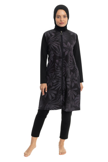 LEOMA Fully Covered Water Repellent Quick Drying Side Adjustable Zippered Patterned Hijab Swimsuit